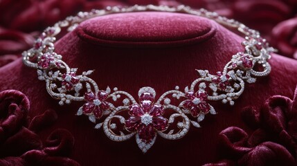 Obraz premium A luxurious ruby and diamond necklace, intricately detailed and set on a plush maroon velvet display