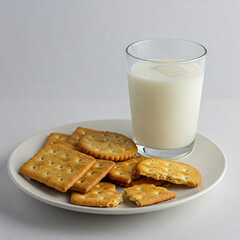 Crispy crackers served with glass of milk create delightful snack experience