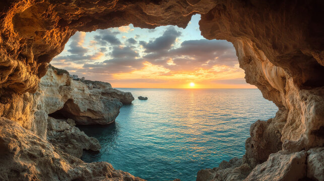 A stunning sunset view of the Ayia Napa sea caves in Cyprus, showcasing the tranquil Mediterranean coastline