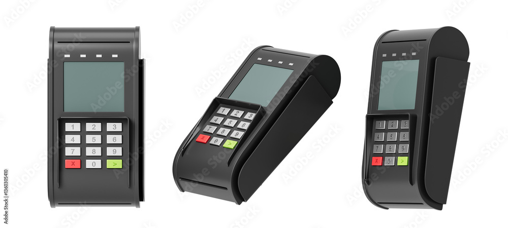 Poster credit card payment terminal from different sides on a white background. isolated. 3d rendering