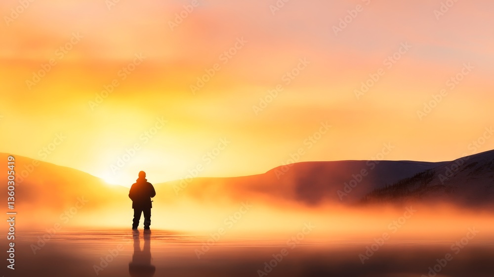 Poster a lone fisherman at the edge of a frozen lake enjoys the rising sun's soft glow while mist creates a