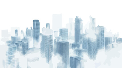 Fototapeta premium The image depicts an abstract representation of a city skyline. The buildings are rendered in shades of blue and white, with a soft, blurred focus creating a hazy, dreamy effect. The perspective