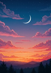 Naklejka premium Celestial painting of a fiery sunset blending into night, with a soft crescent moon shining above.