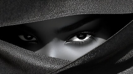 Naklejka premium Mysterious Woman's Eyes Partially Hidden Behind Dark Covering, Dramatic Black And White Close Up