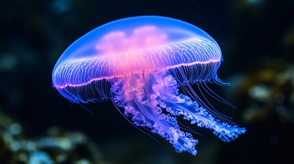 Obraz premium Blue and purple glowing jellyfish floating in dark ocean water