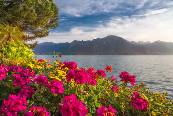 The view on Lake Geneva from the waterfront promenade of  Montreux - Switzerland