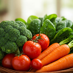 Fresh vegetables including broccoli, tomatoes, spinach, and carrots in basket