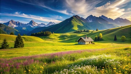 Serene mountain landscape featuring a rustic cabin nestled amidst vibrant wildflowers and rolling green hills bathed in golden sunlight