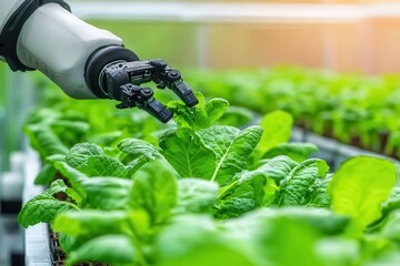 Vertical farming hydroponics water conservation Robotic hand tending to vibrant green lettuce plants in a greenhouse.