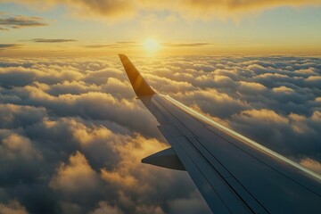 Obraz premium View from the airplane window at clouds flooded with sunlight. Part of the wing of the liner is in the frame. The atmosphere of flight, freedom and new opportunities.