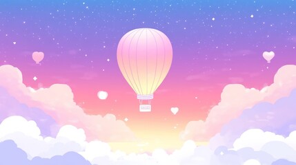 Obraz premium Pastel hot air balloon floats above fluffy clouds at sunset under a starry sky.