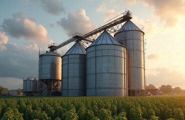 Obraz premium Large steel grain silos stand next to field of green plants under cloudy sky. Agro-processing manufacturing plant for processing agricultural products, drying, cleaning, storage. Farm building,