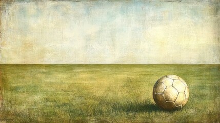 Fototapeta premium Vintage soccer ball on a grassy field under a pale sky.