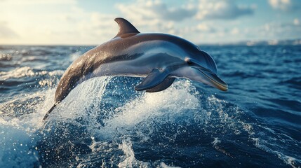 Fototapeta premium Two dolphins jumping out of the ocean waves, captured mid-air in a dynamic wildlife scene.