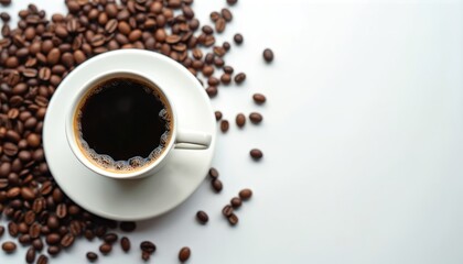Fototapeta premium Morning espresso break. Hot black coffee in white mug, on saucer surrounded by roasted coffee beans. Wake up enjoy aromatic delightful beverage. Cozy morning ritual. Brewed caffeine drink, minimalism.