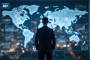 Businessman Analyzing Global Data on Interactive World Map