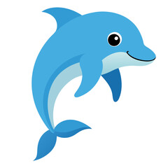 a cheerful cartoon dolphin jumping through the water, perfect for educational resources or playful designs. The dolphin has bright blue skin and a friendly expression, swimming