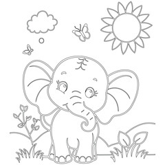 Obraz premium hand drawing elephant black outline vector, cute baby elephant coloring page for kids