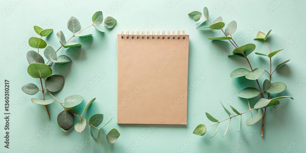 Poster blank spiral notepad surrounded by eucalyptus sprigs on a mint background