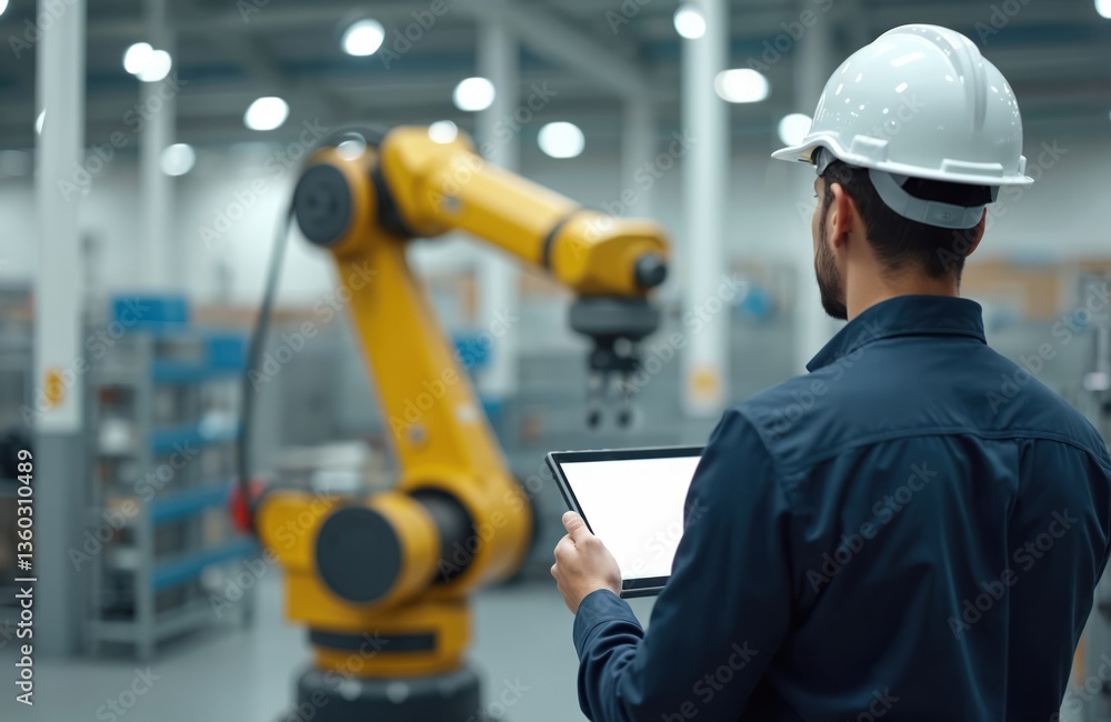 Poster back view of engineer in white helmet, working with robotic arm in modern factory. man uses tablet f