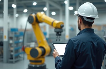 Back view of engineer in white helmet, working with robotic arm in modern factory. Man uses tablet for programming. Automation, digital tech, ai, robotics, manufacturing, industry 4. 0.
