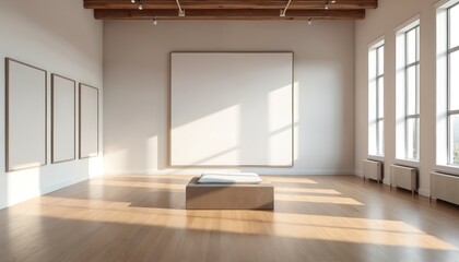 Obraz premium Modern gallery mockup with blank artwork. Empty exhibition hall with white walls, wooden floor. Minimalist interior design with natural light from windows, empty space for art presentation.