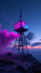 A dramatic night scene on a mountain with a glowing control tower and wildfires in the background.