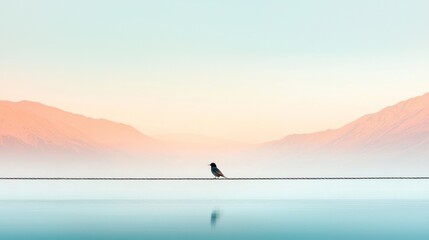 Solitary bird on a tranquil lake. Sunrise mountains