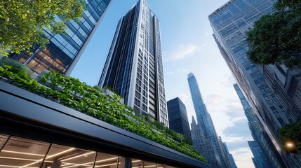 Obraz premium Vertical farming hydroponics water conservation Tall buildings surrounded by greenery under a clear sky.