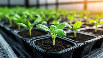 Vertical farming hydroponics water conservation Growing plants in trays under bright light in a greenhouse setting.