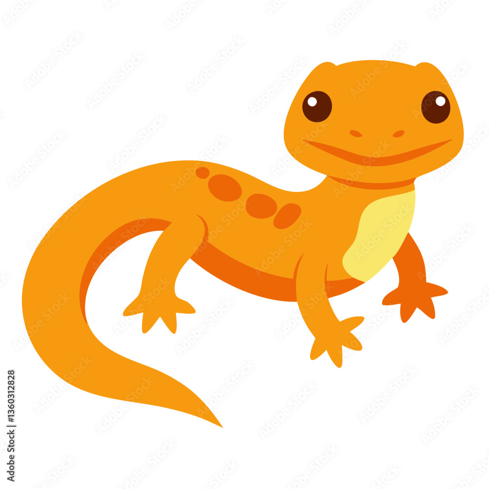 Poster a vibrant cartoon newt illustration with an orange color and big eyes. the newt stands out with its 