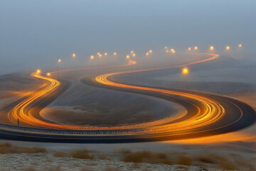 Serene winding road illuminated by streetlights, shrouded in fog, creating a tranquil night scene