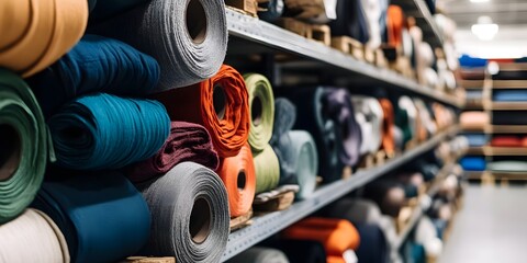 Shelves with rolls of colorful textiles and fabrics in a retail store  long title Shelves with an organized display of various rolls of colorful