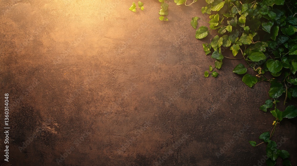 Poster Close-up of lush vines and fragile flowers covering an old brick wall, with sunlight filtering through leaves, creating a warm, textured pattern perfect for text