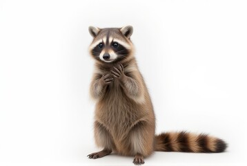 Obraz premium Adorable Raccoon Standing on Hind Legs Against White Background