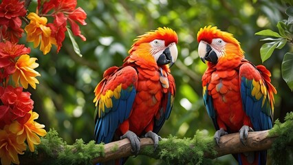 Obraz premium Lovebirds in Brazil: Parrots Embracing on Dia dos Namorados