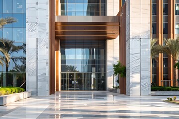 A sleek business center with a polished glass facade, accented by a series of stone columns and wooden panels at key points along the structure