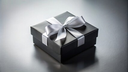 A sophisticated black gift box adorned with a sleek silver ribbon, perfect for a special occasion