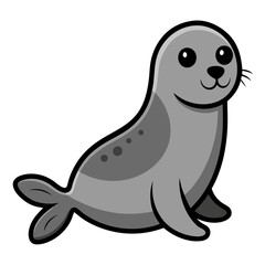 a cartoon vector illustration of a cute seal with big eyes and a friendly smile, it looks very adorable. The seal is light gray and has a few darker gray spots