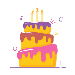 This is a flat-style vector illustration of a three-tiered birthday cake with colorful dripping icing in purple, brown, and pink.