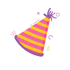 This is a flat-style vector illustration of a striped party hat in pink and yellow with a purple trim and tassel