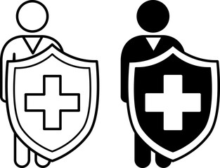 Immunity Icons. Black and White Vector Illustration. Man Behind Shield. Healthy Lifestyle and Medicine. Nutrition Concept