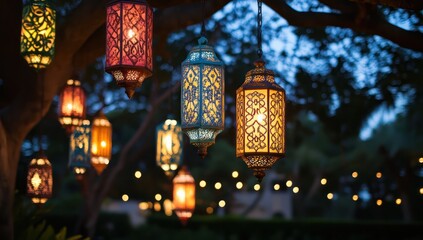 Colorful lanterns illuminate night garden.