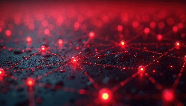 Abstract red network connected glowing nodes dark surface. Tech background. Futuristic digital communication system, structure. Science tech, data transfer, plexus. Connectivity, glow. Artificial