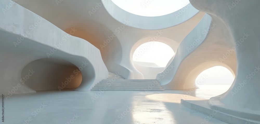 Poster futuristic architecture with flowing curves in white concrete. 3d render of abstract building design