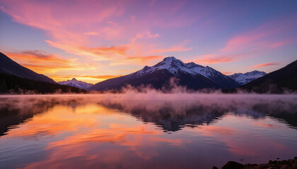 Scenic mountain sunset reflecting on still lake