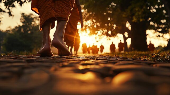 Barefoot monks walking at sunset, exuding tranquility in golden hues while surrounded by nature.