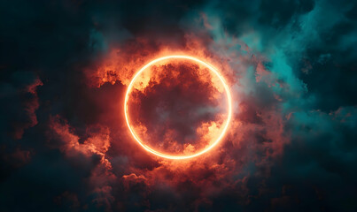 Obraz premium Stunning celestial phenomenon showcasing a glowing solar eclipse surrounded by dramatic clouds