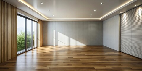 Obraz premium Spacious sunlit room interior with hardwood floor, large window, and wood wall paneling