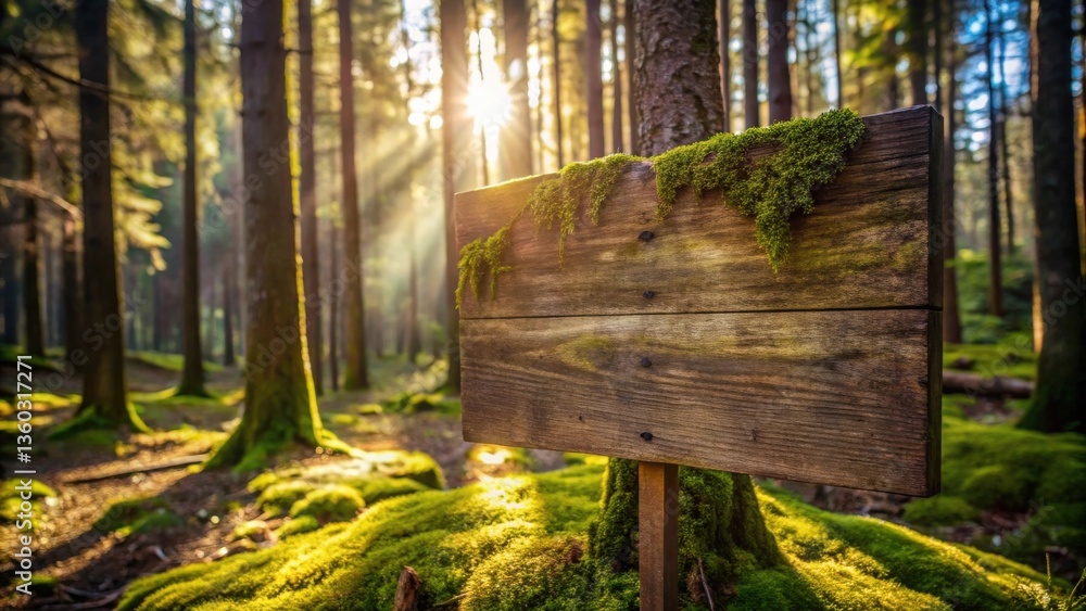 Poster sunlit forest path sign rustic wooden board with moss, blank for your message